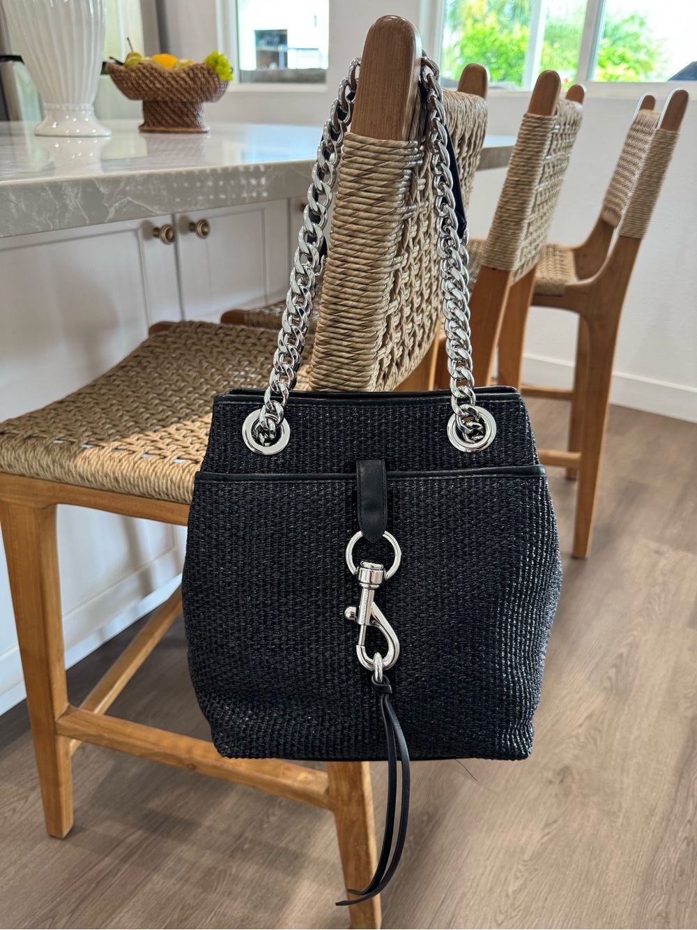 NWT Rebecca Minkoff Edie Large Black Woven Straw Bucket Shoulder Bag Purse New - Picture 7 of 17
